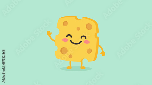 Cute cartoon cheese character waving hello with a happy smile and rosy cheeks.