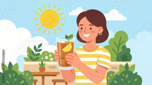 Cheerful young woman holding a tall glass of refreshing iced tea with lemon and mint.