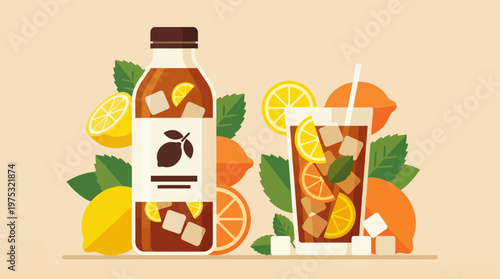 Cold brew iced tea in a bottle and glass with fresh lemon and mint leaves.