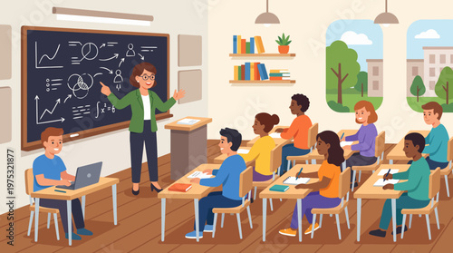 Female teacher explaining a complex lesson on a blackboard to a diverse group of young students in a bright classroom.