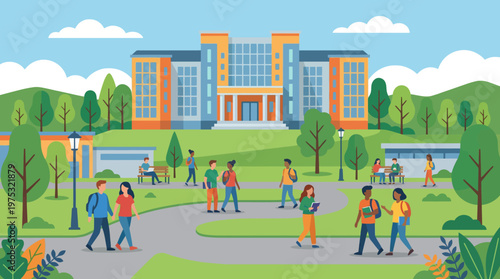 Diverse group of young students walking and socializing on a university campus lawn.