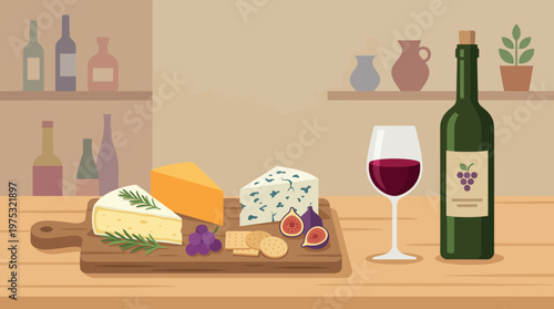 Gourmet cheese platter with a red wine bottle and glass on a wooden table.