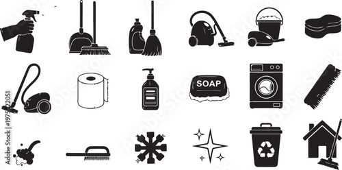 Cleaning Supplies and Household Items Icon Set Collection