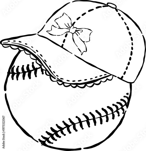 Coquette Baseball Outline with Ruffle Cap Whimsical Hand Drawn