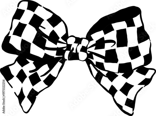 Black Checkered Bow Outline Whimsical Hand Drawn Retro Vintage Gingham Ribbon