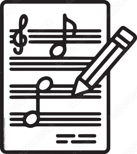 Minimalist Line Art Icon of Musical Staff with Notes and Pencil for Songwriting Composition