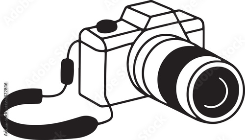 Minimalist Vector Line Art Illustration of a Professional Digital SLR Camera with Neck Strap