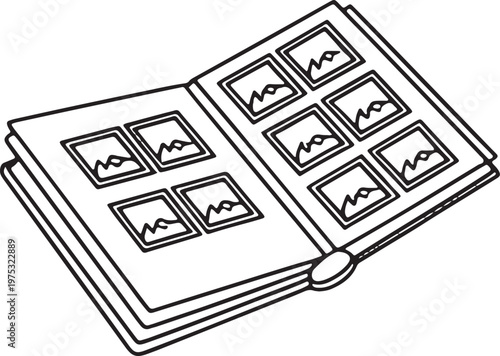 Open Photo Album Book Vector Illustration Featuring Multiple Rectangular Picture Frame Sleeves