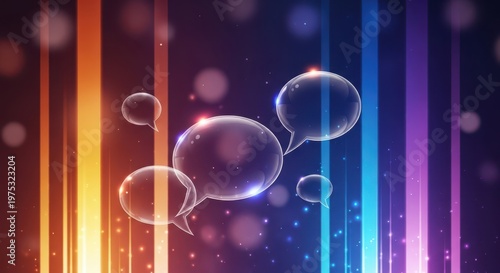 Sleek transparent glass speech bubbles drifting through a vertical gradient of warm orange and cool blue light streaks suggesting flow and seamless communication.
