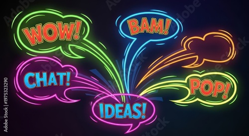 A high-energy neon graphic featuring various speech bubbles containing comic book style exclamations like WOW BAM and CHAT. 