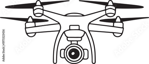 Simple Minimalist Line Art Vector Illustration of a Modern Quadcopter Drone with Camera Lens