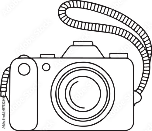 Sleek compact digital camera device with a textured neck strap, rendered as a simple line art v