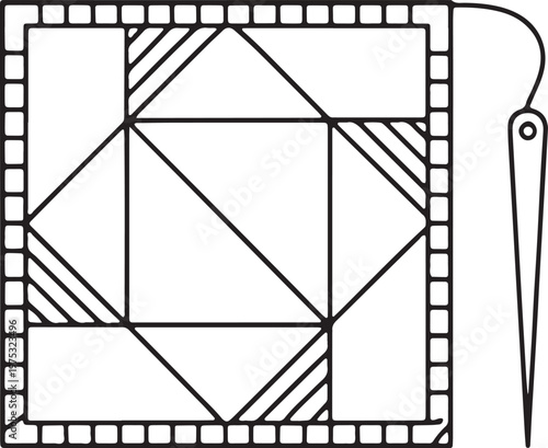 Square Quilt Block Outline Illustration with Geometric Patchwork Design and Sewing Needle