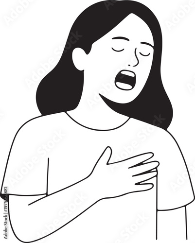 Vector illustration of a woman gasping for air with hand on chest showing respiratory distress