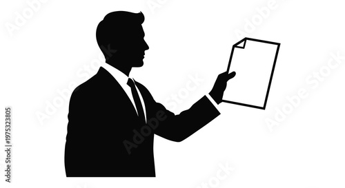 A dark silhouette of a man in a suit presenting a document sharply defined against a white background silhouette high quality
