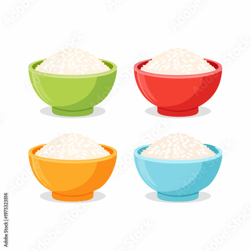 Four colorful bowls filled with fluffy white rice, showcasing a simple yet satisfying staple food in various vibrant containers