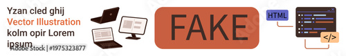 Misinformation, cybersecurity, website error, fake content, media authenticity, online integrity. Digital devices, fake sign HTML code and a screen interface. Misinformation and cybersecurity
