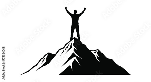 A triumphant figure stands atop a mountain peak arms raised in victory presented as a striking silhouette high quality professional detailed