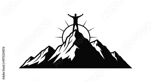 A triumphant figure stands atop a mountain peak arms raised in victory presented as a striking silhouette high quality professional detailed