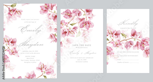 Wedding invitation suite featuring watercolor-style pink Bougainvillea flowers on a clean white background