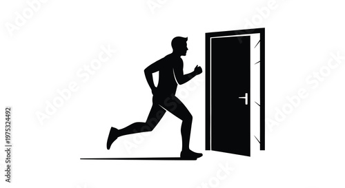 A man is captured mid stride seemingly exiting through an open doorway in a striking silhouette high quality professional detailed modern elegant