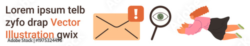 Cybersecurity, email alerts, communication warnings, fraud detection, suspicious activity, data privacy. Envelope with alert icon, magnifying glass and eye symbol. Email alerts and cybersecurity