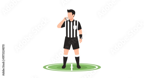A professional soccer referee standing on the field blowing a whistle. EPS Editable. Vector Illustrations.
