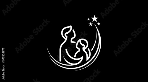 Minimalist Logo of Father and Child with Crescent Moon and Stars