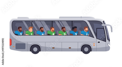 A team of diverse male soccer players riding a modern coach bus. EPS Editable. Vector Illustrations.