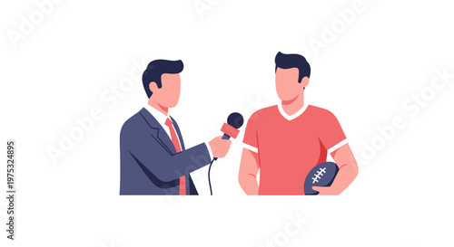 A sports reporter interviewing a football player holding a ball. EPS Editable. Vector Illustrations.