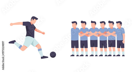 A professional soccer player taking a free kick against a defensive wall of players. EPS Editable. Vector Illustrations.