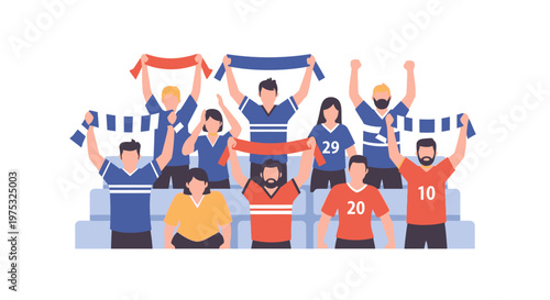 Group of enthusiastic sports fans cheering and holding scarves in a stadium. EPS Editable. Vector Illustrations.