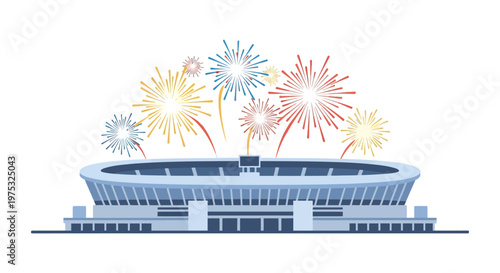 Large modern sports stadium exterior view with celebratory fireworks display. EPS Editable. Vector Illustrations.