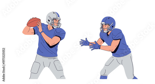 Illustration of American football quarterback throwing ball to receiver. EPS Editable. Vector Illustrations.