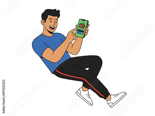 Young Man Laughing and Using Smartphone.