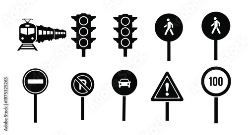 A collection of black road signs and traffic signals including a tram displayed as a striking silhouette high quality professional detailed