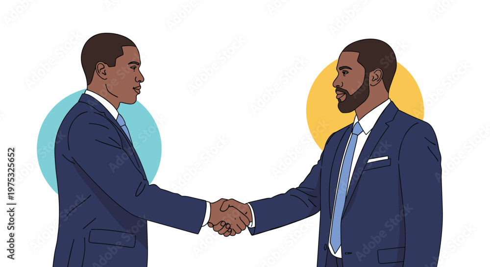 Fototapeta premium Pair of professional African American businessmen in elegant suits shaking hands to finalize a successful corporate partnership.