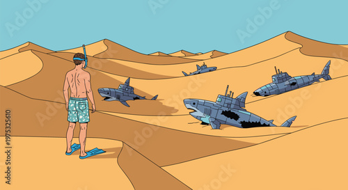 Surreal digital art features a scuba diver exploring a vast desert landscape where mechanical shark submarines emerge from sand dunes.