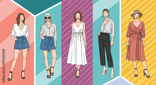 Five stylish women showcase diverse fashion trends from casual summer wear to elegant evening dresses against vibrant shapes.