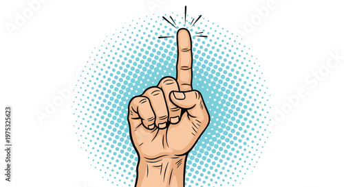Human hand with index finger pointing upwards in a vintage pop art style against a blue halftone background for business concept.