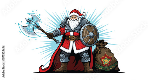 Powerful Santa Claus is reimagined as a Viking warrior equipped with heavy armor, a shield, and a magical glowing frost axe.