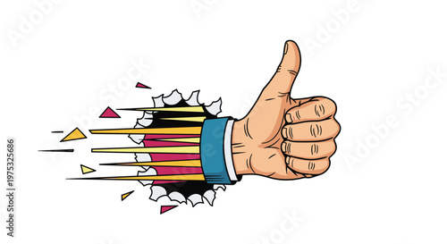 Hand giving a thumbs up gesture breaks through a white paper surface with dynamic motion lines and colorful geometric fragments.