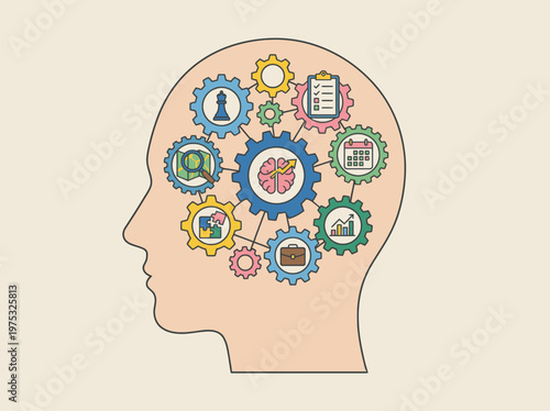 Illustration of Human Brain with Gears and Cogs.