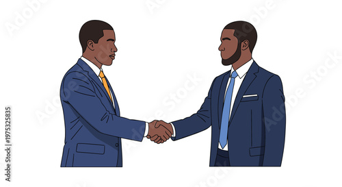 Two professional African American businessmen in suits shake hands in a symbolic gesture of agreement and mutual cooperation.