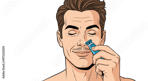 Groomed man uses a modern electric nose hair trimmer with a satisfied expression in a classic vintage pop art comic style.