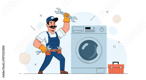Friendly cartoon repairman wearing a blue cap and overalls holds wrenches next to a washing machine and a red tool box.