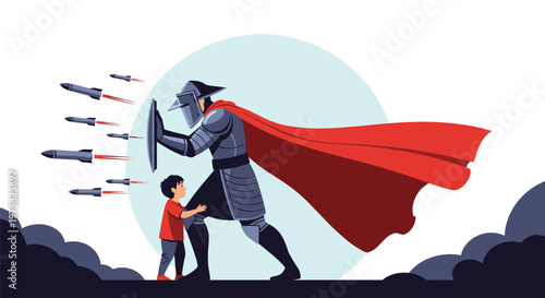 Heroic knight in full plate armor protects a small child from an attack of incoming rockets and missiles with a sturdy shield.
