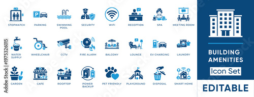 Building amenities icon set. Containing elevator, parking, swimming pool, security, reception, wifi, spa, lounge and more. Solid vector icons collection.