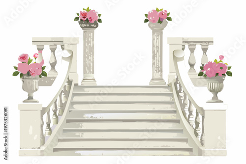 Elegant staircase decorated with pink roses and ornate balustrades