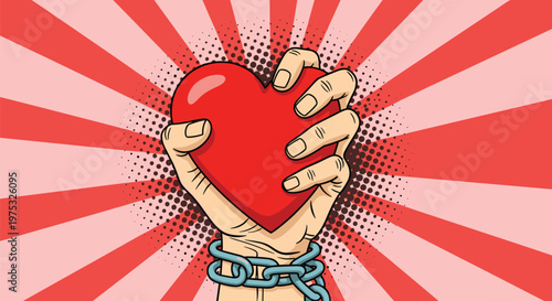 Powerful hand tightly clutches a red heart while bound by heavy chains against a dynamic red and white sunburst background.